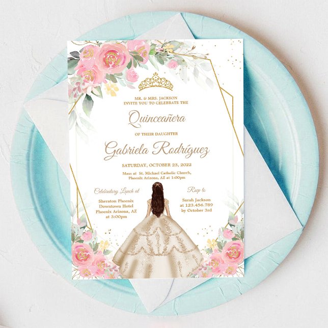 Quinceanera Floral Pink Gold Invitation (Creator Uploaded)