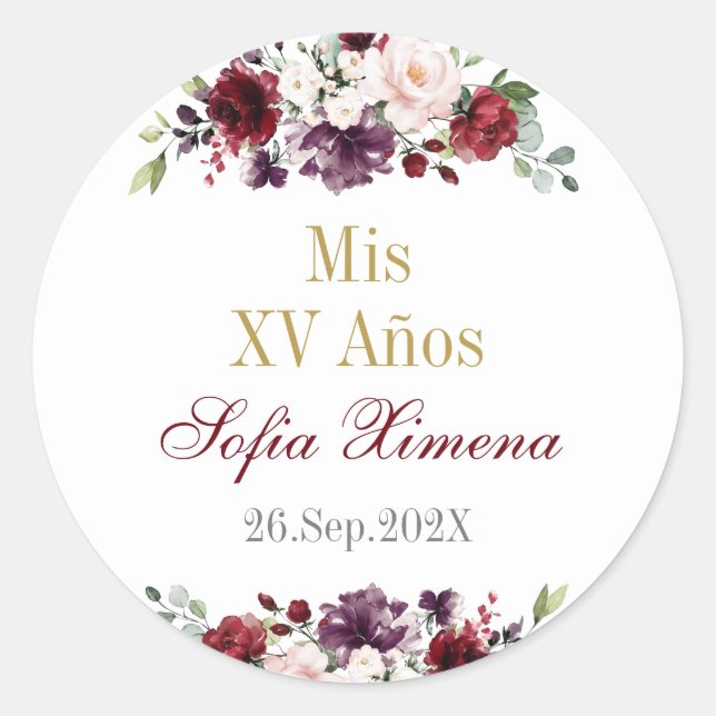 Quinceañera floral red classic round sticker (Front)