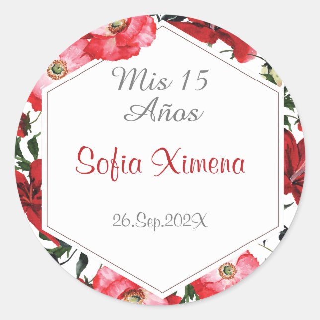 Quinceañera floral red classic round sticker (Front)