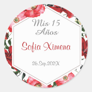Quinceañera floral red classic round sticker