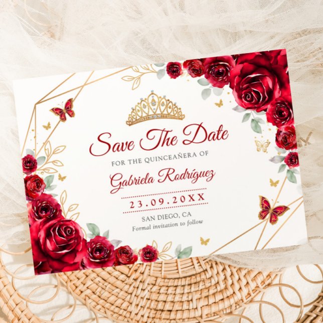 Quinceanera Floral Red Roses Gold Save The Date (Creator Uploaded)