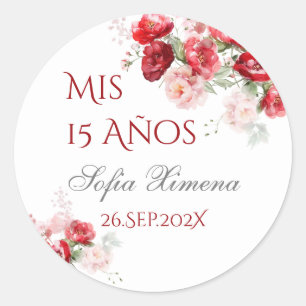 Quinceañera floral rojo classic round sticker