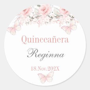 Quinceañera floral rosa classic round sticker