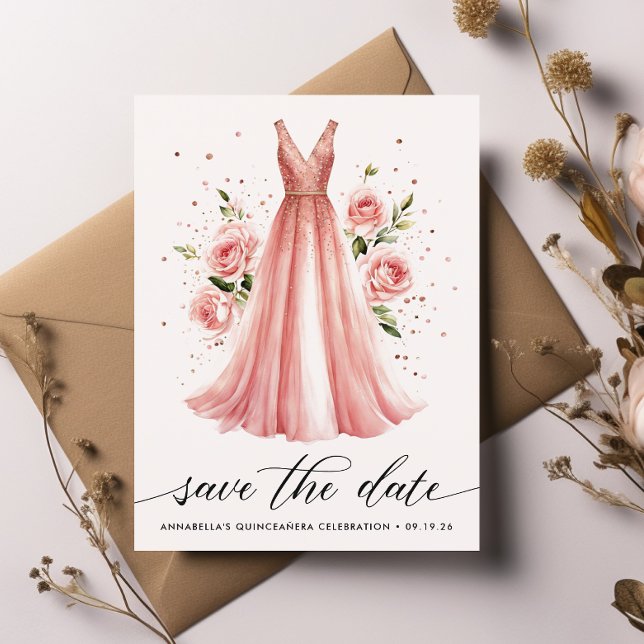 Quinceañera Floral Rose Gold Dress Save The Date Postcard (Creator Uploaded)