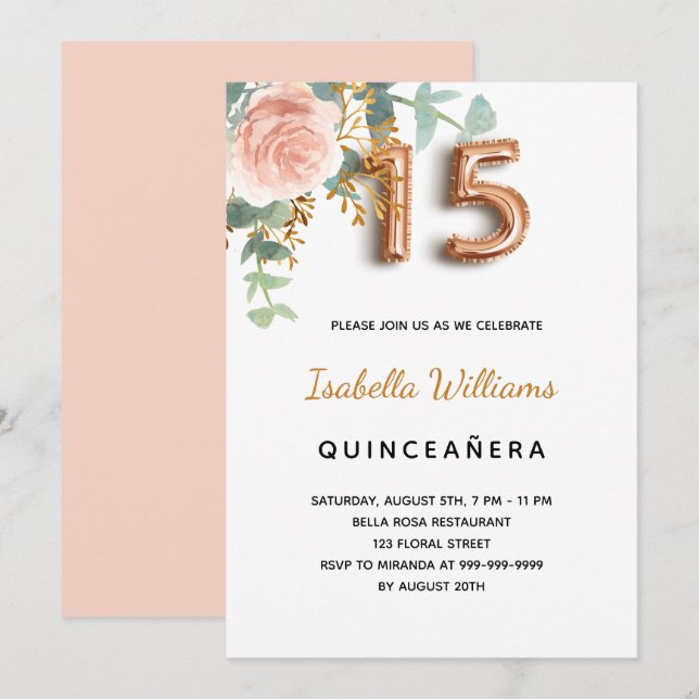 Quinceanera floral rose gold eucalyptus elegant  invitation (Front/Back)