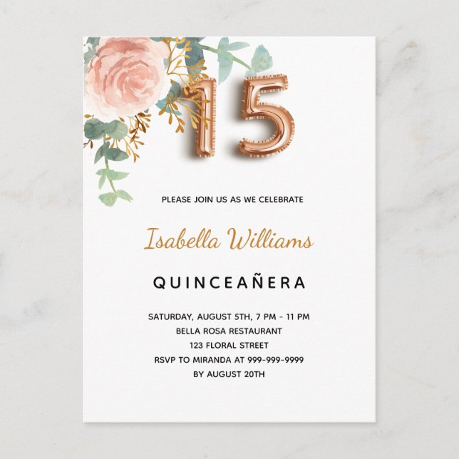 Quinceanera floral rose gold eucalyptus elegant invitation postcard (Front)