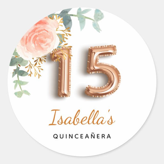 Quinceanera floral rose gold eucalyptus monogram classic round sticker (Front)