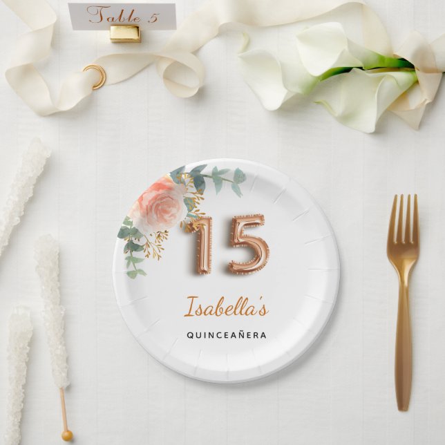 Quinceanera floral rose gold eucalyptus monogram paper plate (Wedding)