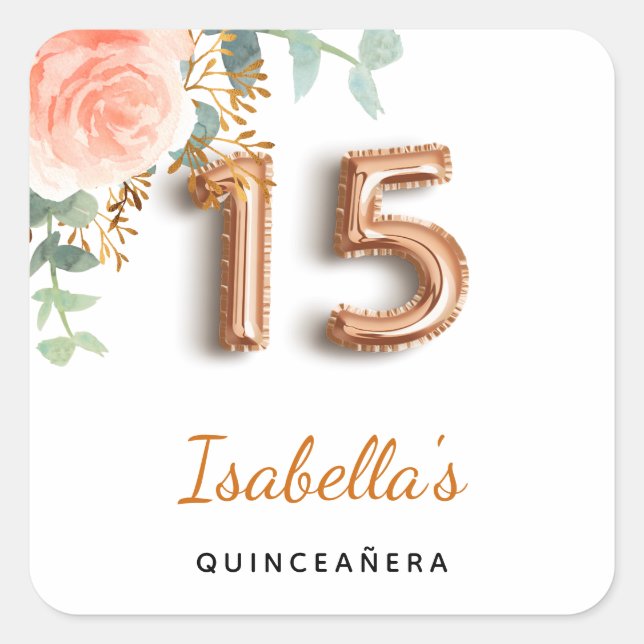 Quinceanera floral rose gold eucalyptus monogram square sticker (Front)