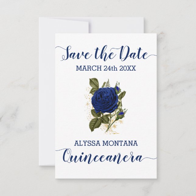 Quinceanera Floral Royal Blue Rose Save The Date (Front)