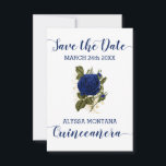 Quinceanera Floral Royal Blue Rose Save The Date<br><div class="desc">Save the Date Card for your Quinceanera celebration. This design has a rose corsage in royal blue and gold on a white background. Save the Date and Quinceanera are lettered in handwritten script, whilst your important date and name can be printed in uppercase typography. The back of the card has...</div>