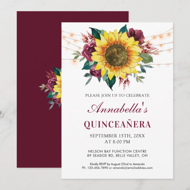 Quinceanera Floral Sunflower Lights Party Invitation (Front/Back)