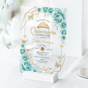 Quinceanera Floral Turquoise Gold Acrylic Invitations