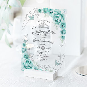 Quinceanera Floral Turquoise Silver Acrylic Invitations