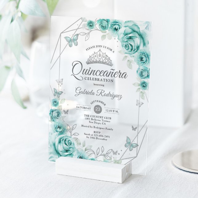 Quinceanera Floral Turquoise Silver Acrylic Invitations (Creator Uploaded)