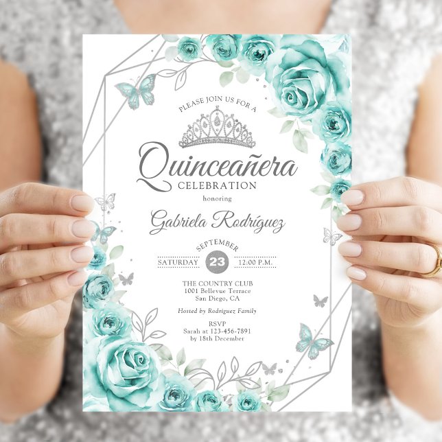 Quinceanera Floral Turquoise Silver Invitation (Creator Uploaded)