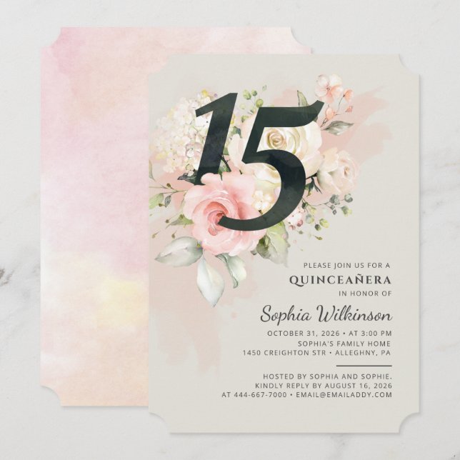 Quinceanera Floral Watercolor 15th Birthday Party Invitation (Front/Back)