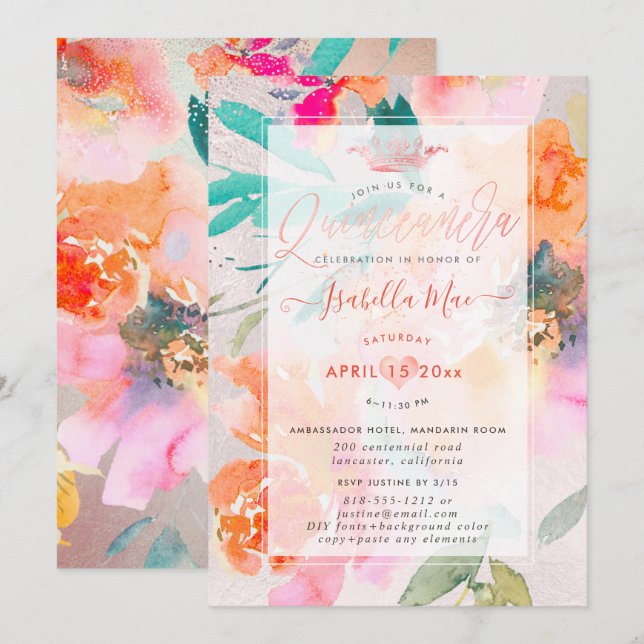 Quinceanera Floral Watercolor Garden Roses Invitation (Front/Back)