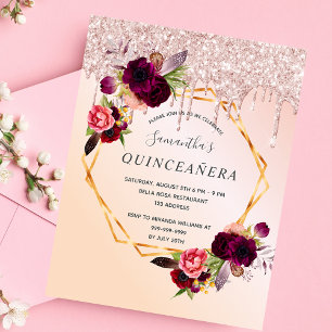 Quinceanera florals rose gold glitter invitation postcard