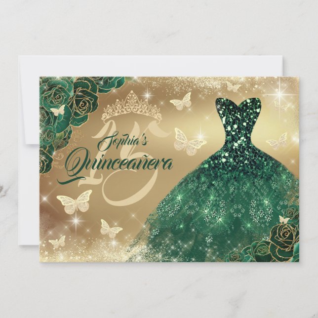 Quinceanera Flower Sparkle Gold Emerald Dress  Invitation (Front)