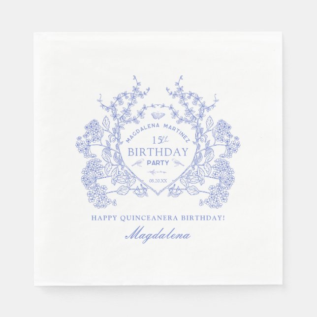Quinceanera French Blue Floral Crest Custom Napkin (Front)
