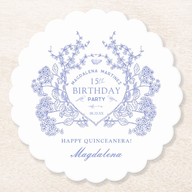 Quinceanera French Blue Floral Crest Custom Paper Coaster (Front)