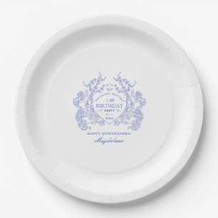 Quinceanera French Blue Floral Crest Custom Paper Plate