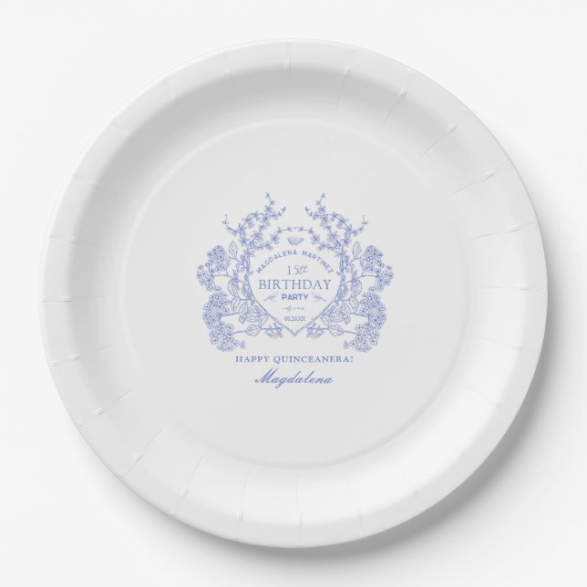 Quinceanera French Blue Floral Crest Custom Paper Plate (Front)