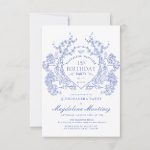 Quinceanera French Vintage Blue Floral Crest Invitation