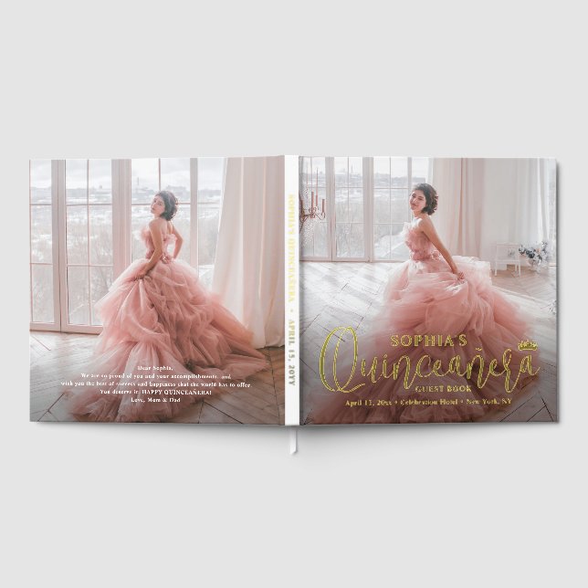 Quinceañera Front Back Photos Modern Trendy Script Guest Book (Full)