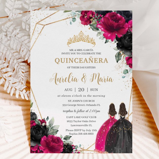 Quinceañera Fuchsia Black Floral Twins Gold Invitation (Creator Uploaded)