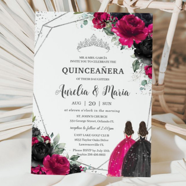 Quinceañera Fuchsia Black Floral Twins Silver Invitation (Creator Uploaded)