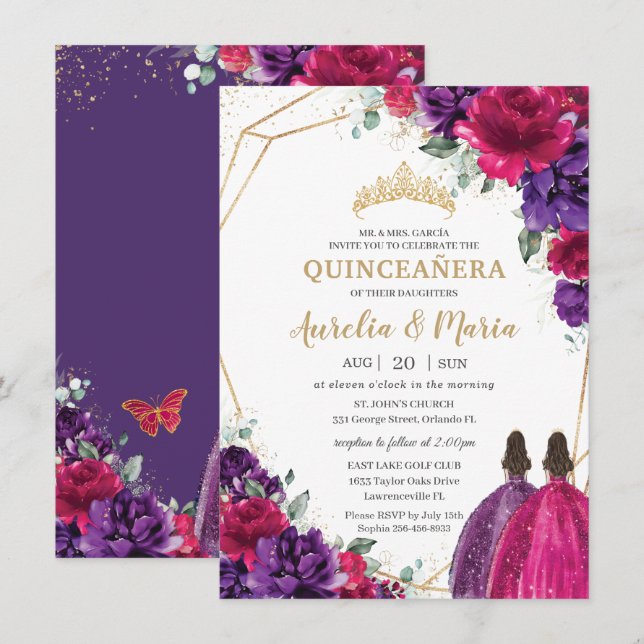 Quinceañera Fuchsia Dark Purple Floral Roses Twins Invitation (Front/Back)