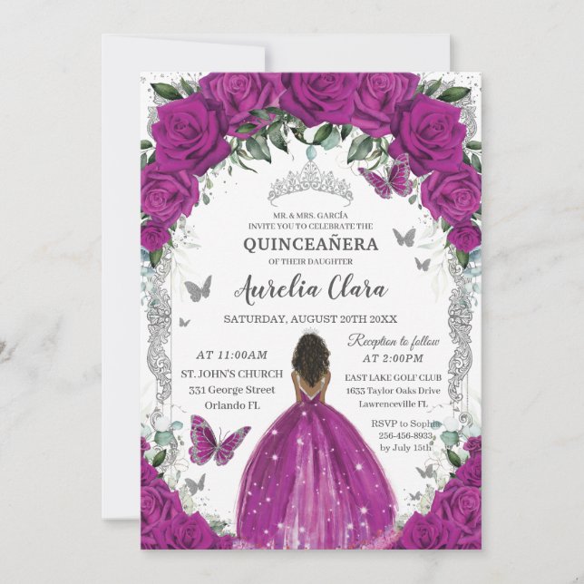 Quinceanera Fuchsia Floral Vintage Silver Brown  Invitation (Front)
