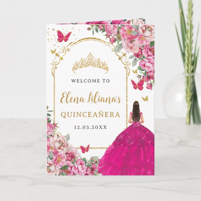 Quinceañera Fuchsia Gold Padrinos Events Program Programme (Front)