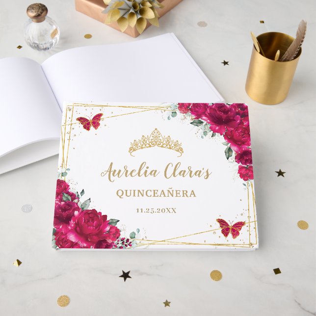 Quinceanera Fuchsia Hot Pink Floral Butterflies  Guest Book (Front Open)