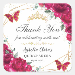 Quinceañera Fuchsia Hot Pink Floral Butterflies Square Sticker