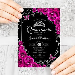 Quinceanera Fuchsia Pink Black Silver Floral Invitation