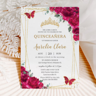 Quinceañera Fuchsia Pink Floral Butterflies Tiara Invitation