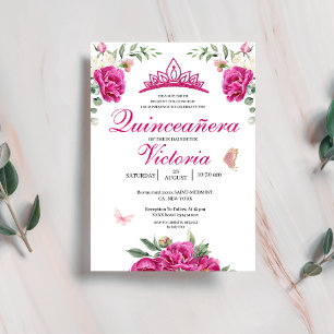Quinceañera Fuchsia Pink Floral butterfly crown  Invitation