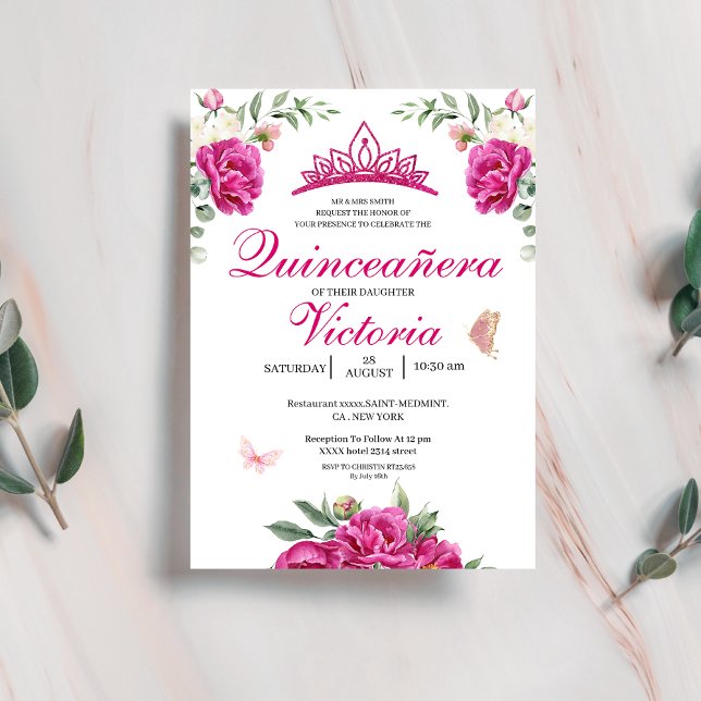 Quinceañera Fuchsia Pink Floral butterfly crown  Invitation (Creator Uploaded)