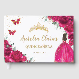 QUINCEAÑERA Fuchsia Pink Floral Flowers Princess  Guest Book