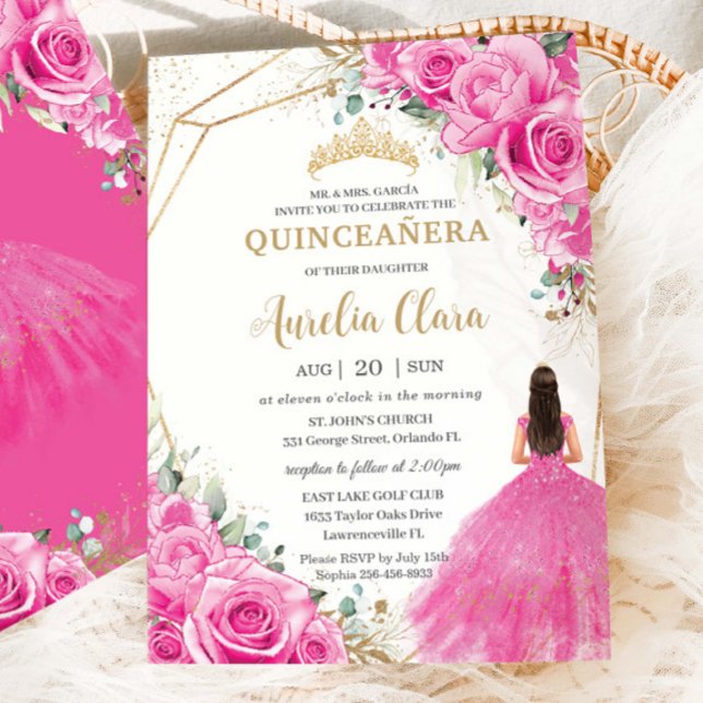 Quinceañera Fuchsia Pink Floral Princess  Gold Invitation (Creator Uploaded)