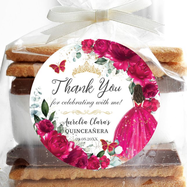 Quinceañera Fuchsia Pink Floral Princess Gown Gold Classic Round Sticker (Creator Uploaded)