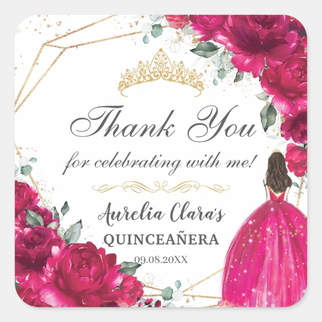 Quinceañera Fuchsia Pink Floral Princess Gown Gold Square Sticker (Front)