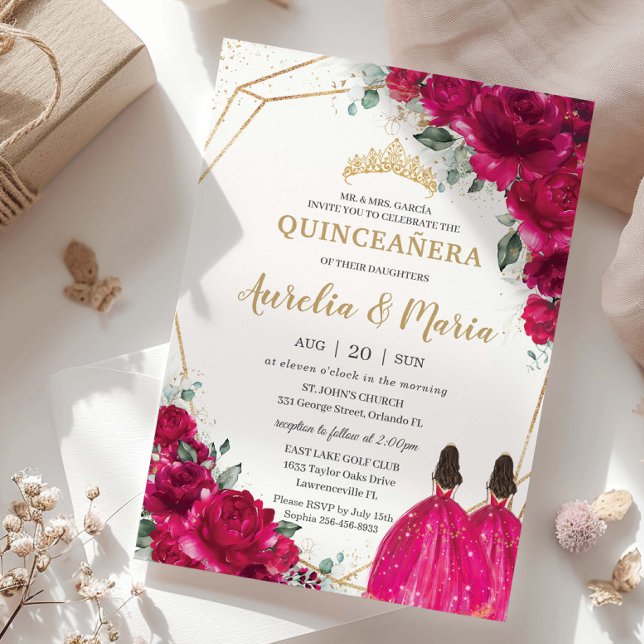 Quinceañera Fuchsia Pink Floral Twins Princesses  Invitation (fuchsia-hot-pink-floral-quinceanera-gold-twins-princesses-dress-15-sweet-16-birthday-invitation-card)