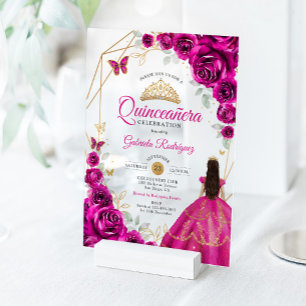 Quinceanera Fuchsia Pink Gold Dress Acrylic Invitations