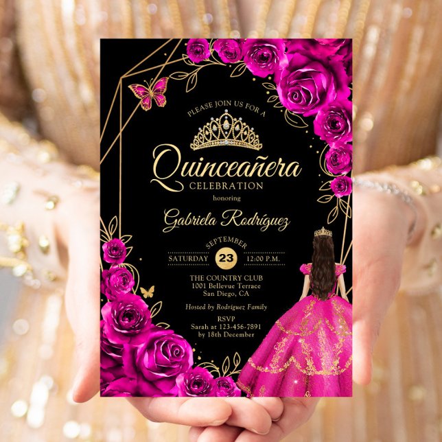 Quinceanera Fuchsia Pink Gold Dress Floral Invitation (Creator Uploaded)