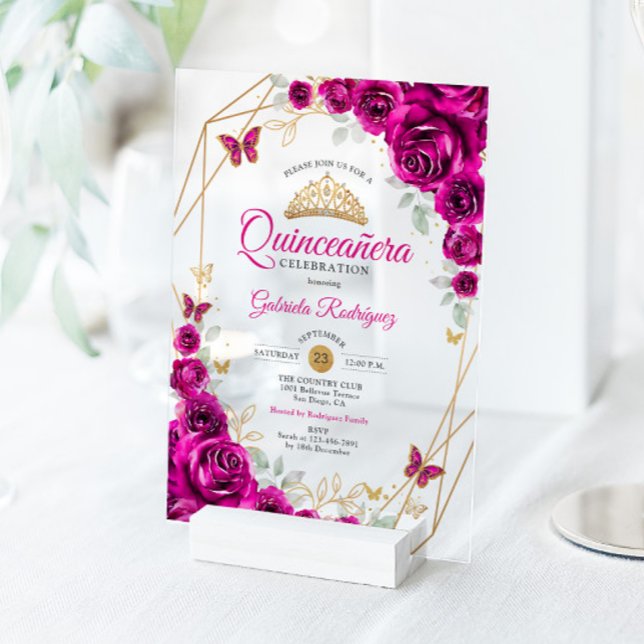 Quinceanera Fuchsia Pink Gold Floral Acrylic Invitations (Creator Uploaded)