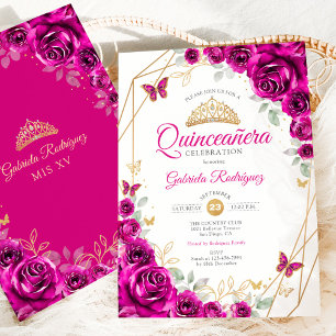 Quinceanera Fuchsia Pink Gold Floral Invitation